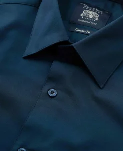 Navy Cotton Herringbone Classic Fit Formal Shirt - Single Cuff