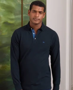 Navy Cotton Pique Long Sleeve Polo Shirt