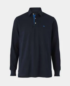 Navy Cotton Pique Long Sleeve Polo Shirt