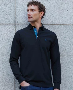 Navy Cotton Pique Long Sleeve Polo Shirt