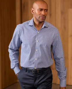 Navy Cotton Poplin Gingham Check Classic Fit Formal Shirt - Single Cuff