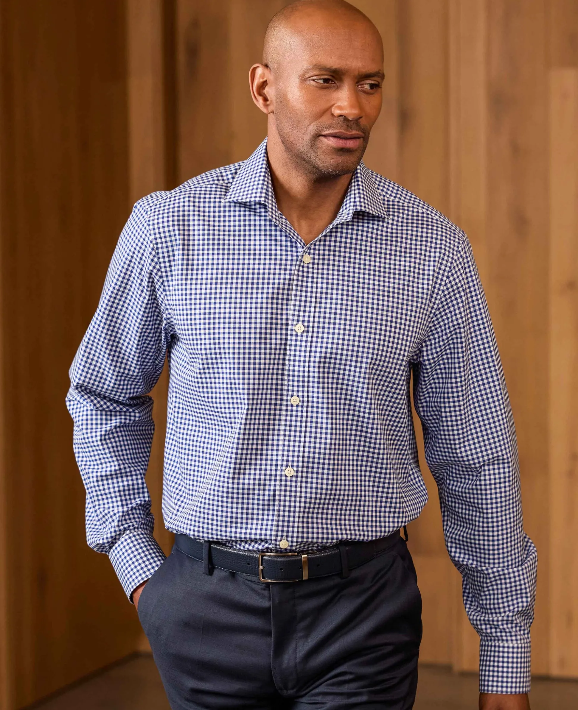Navy Cotton Poplin Gingham Check Classic Fit Formal Shirt - Single Cuff