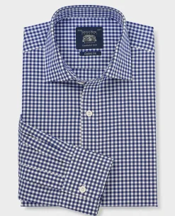 Navy Cotton Poplin Gingham Check Classic Fit Formal Shirt - Single Cuff