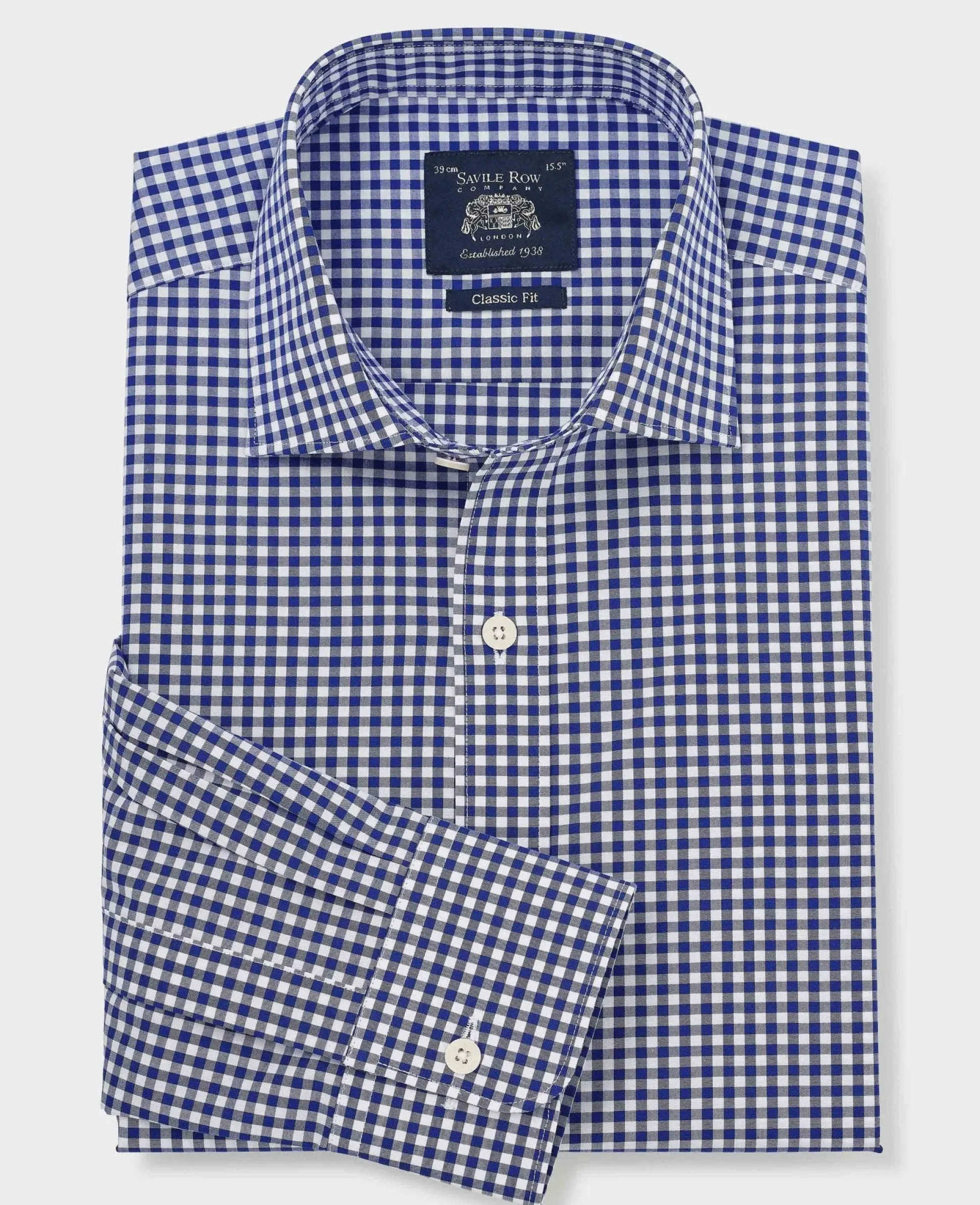 Navy Cotton Poplin Gingham Check Classic Fit Formal Shirt - Single Cuff