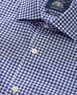 Navy Cotton Poplin Gingham Check Classic Fit Formal Shirt - Single Cuff