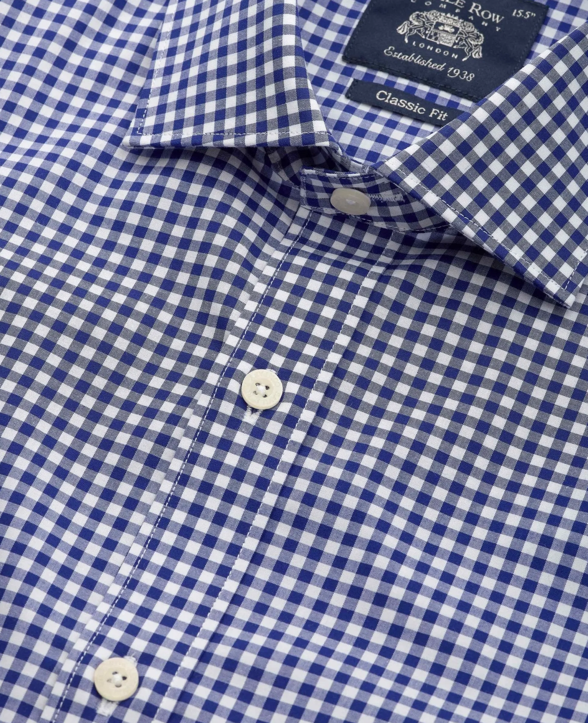 Navy Cotton Poplin Gingham Check Classic Fit Formal Shirt - Single Cuff