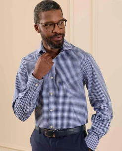 Navy Cotton Poplin Gingham Check Classic Fit Formal Shirt - Single Cuff