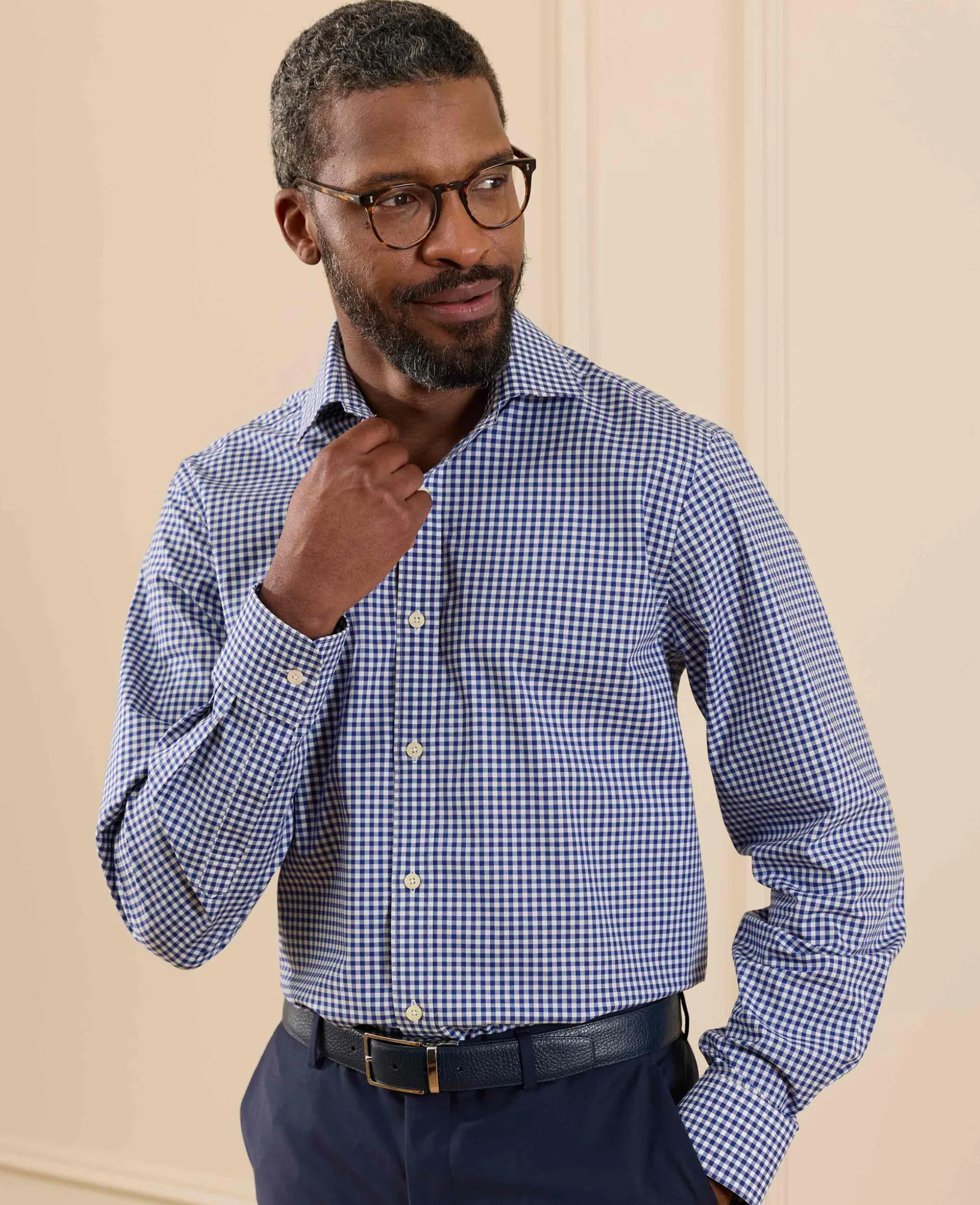 Navy Cotton Poplin Gingham Check Classic Fit Formal Shirt - Single Cuff