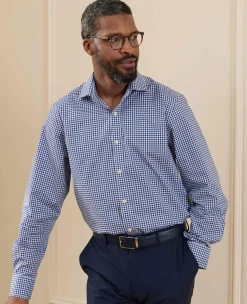 Navy Cotton Poplin Gingham Check Classic Fit Formal Shirt - Single Cuff
