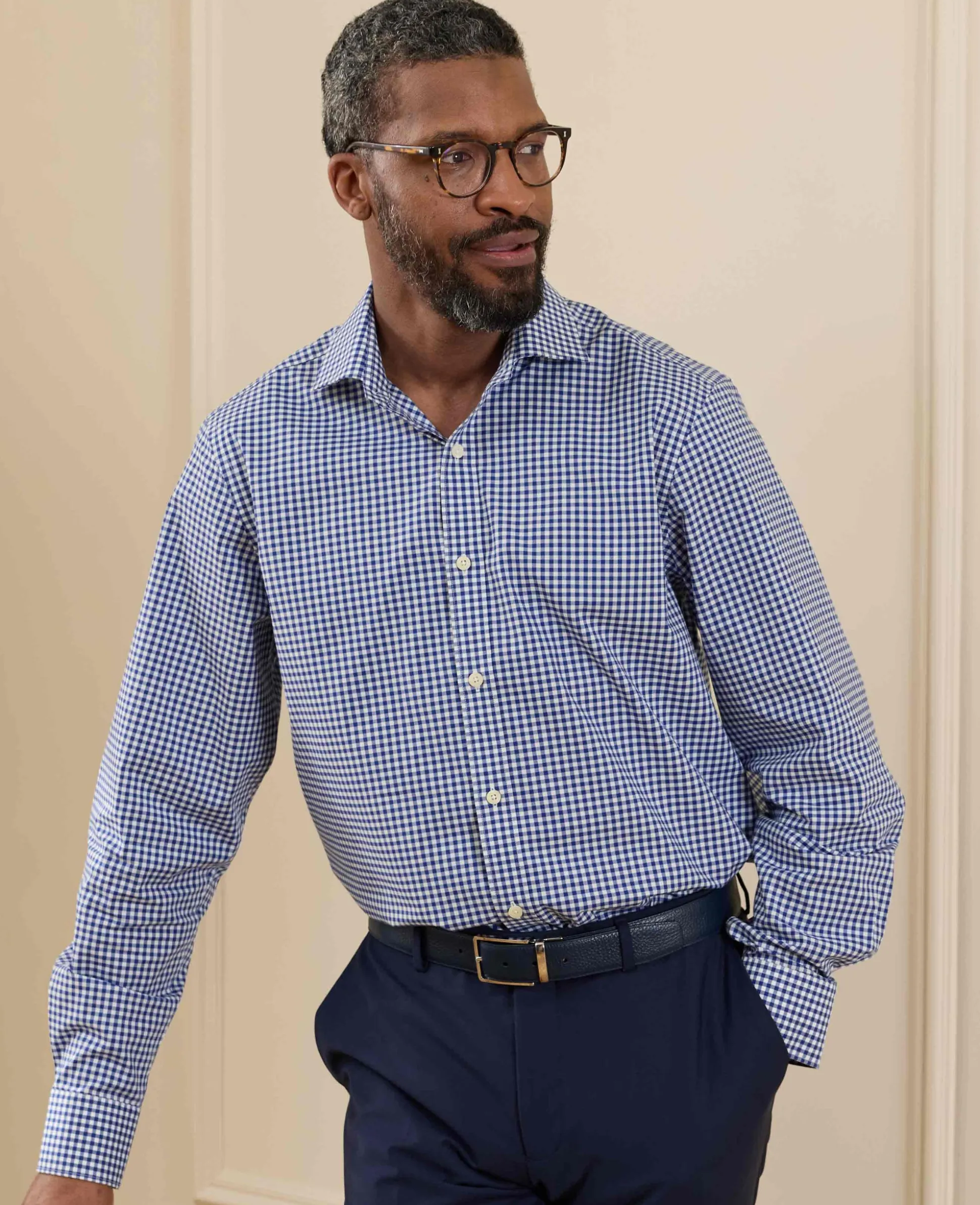 Navy Cotton Poplin Gingham Check Classic Fit Formal Shirt - Single Cuff