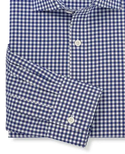 Navy Cotton Poplin Gingham Check Classic Fit Formal Shirt - Single Cuff