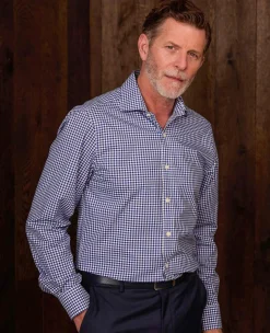 Navy Cotton Poplin Gingham Check Slim Fit Formal Shirt - Single Cuff