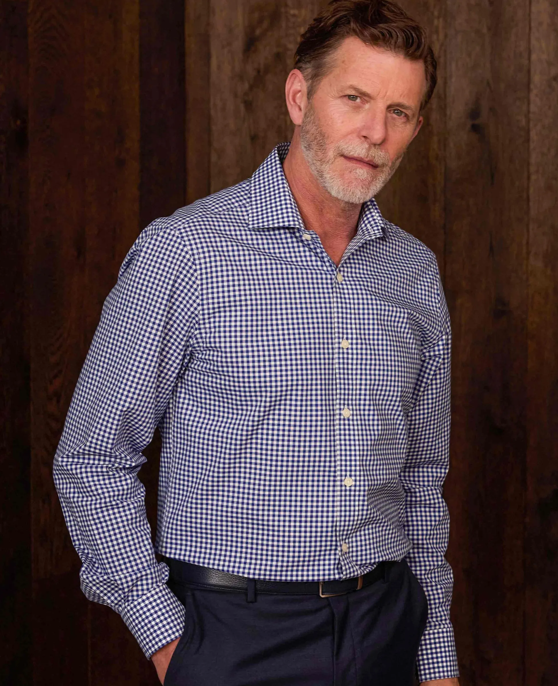 Navy Cotton Poplin Gingham Check Slim Fit Formal Shirt - Single Cuff
