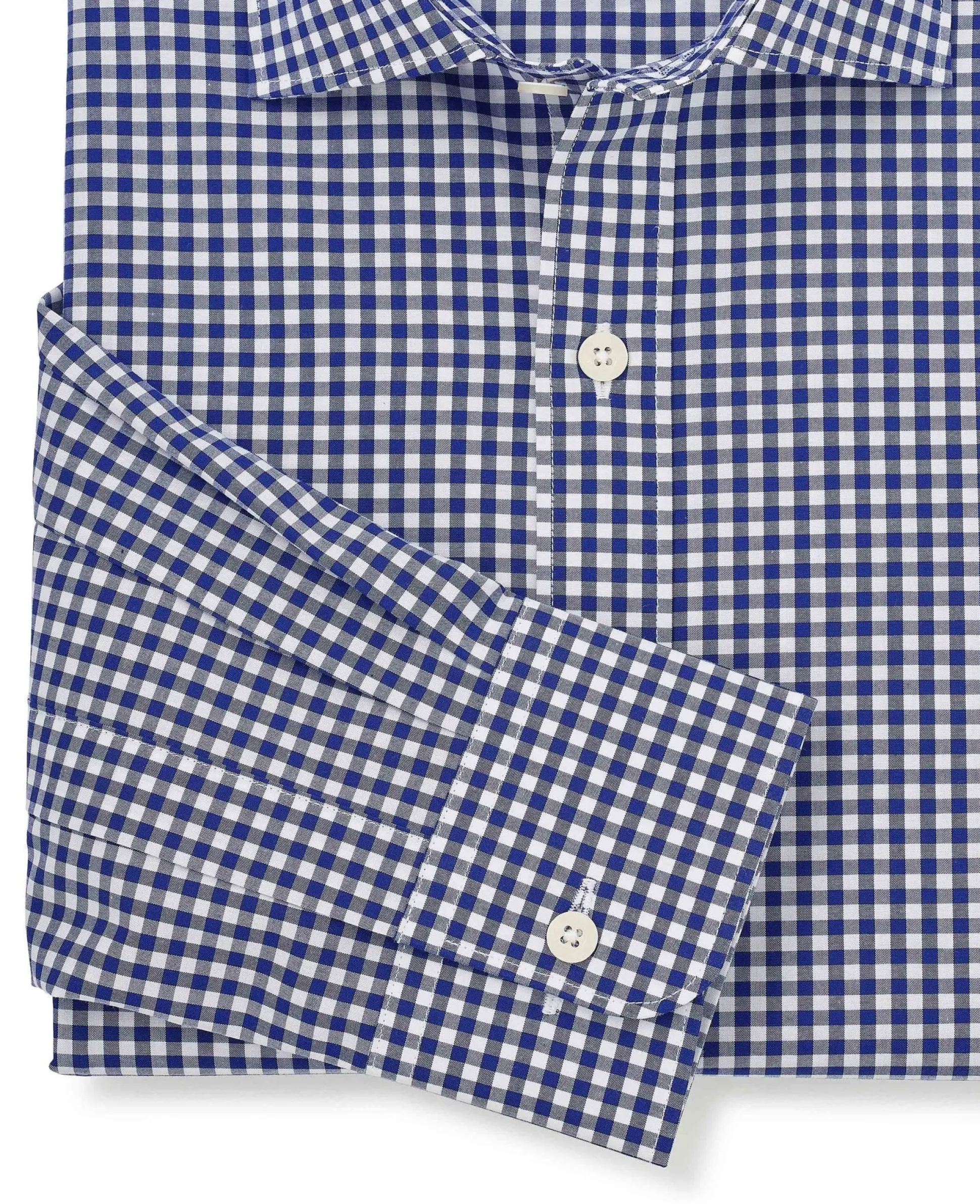 Navy Cotton Poplin Gingham Check Slim Fit Formal Shirt - Single Cuff
