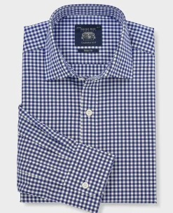 Navy Cotton Poplin Gingham Check Slim Fit Formal Shirt - Single Cuff