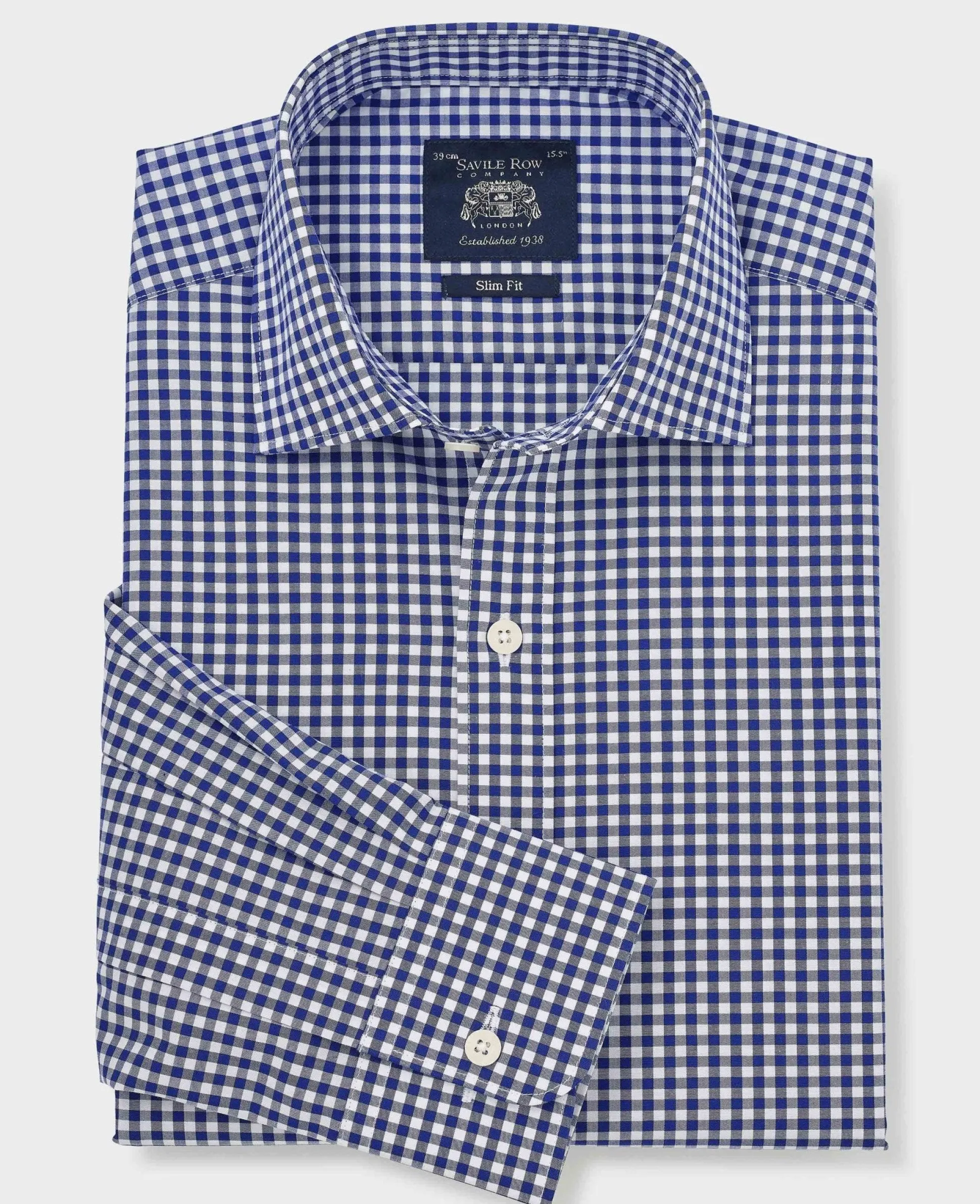 Navy Cotton Poplin Gingham Check Slim Fit Formal Shirt - Single Cuff
