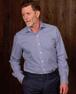 Navy Cotton Poplin Gingham Check Slim Fit Formal Shirt - Single Cuff