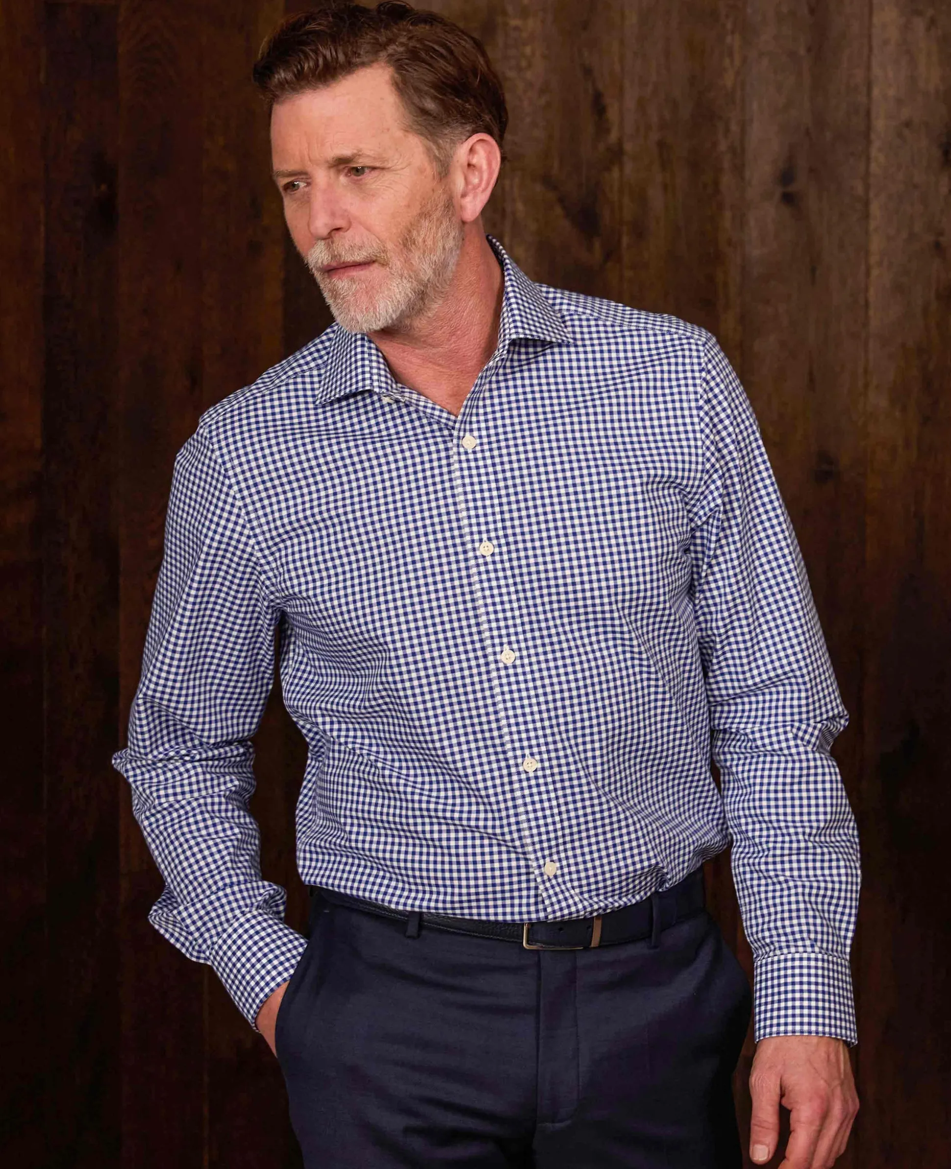 Navy Cotton Poplin Gingham Check Slim Fit Formal Shirt - Single Cuff