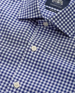 Navy Cotton Poplin Gingham Check Slim Fit Formal Shirt - Single Cuff