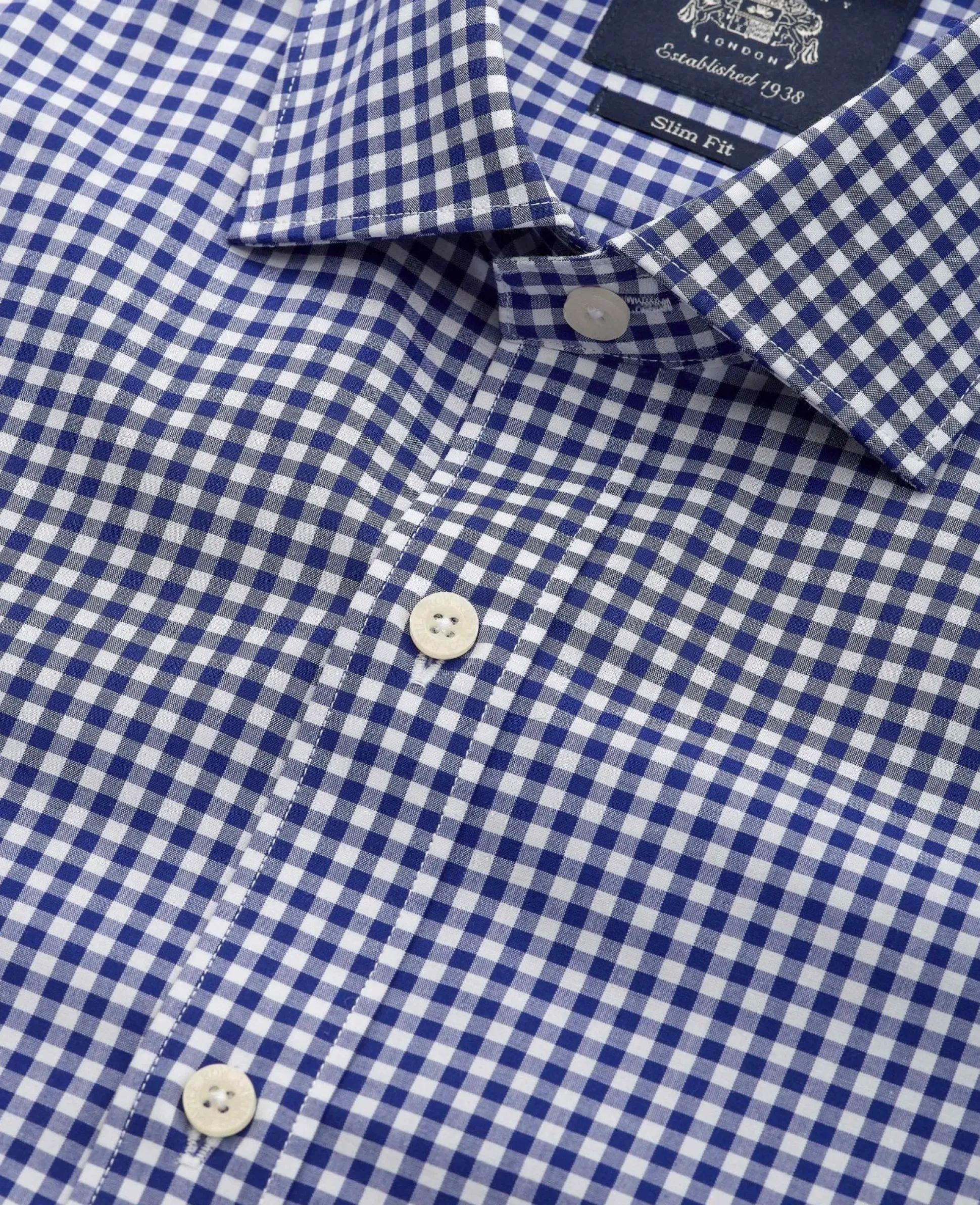 Navy Cotton Poplin Gingham Check Slim Fit Formal Shirt - Single Cuff