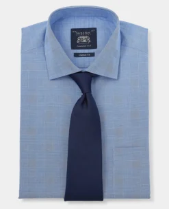 Navy Cotton Prince of Wales Check Classic Fit Formal Shirt - Single Cuff
