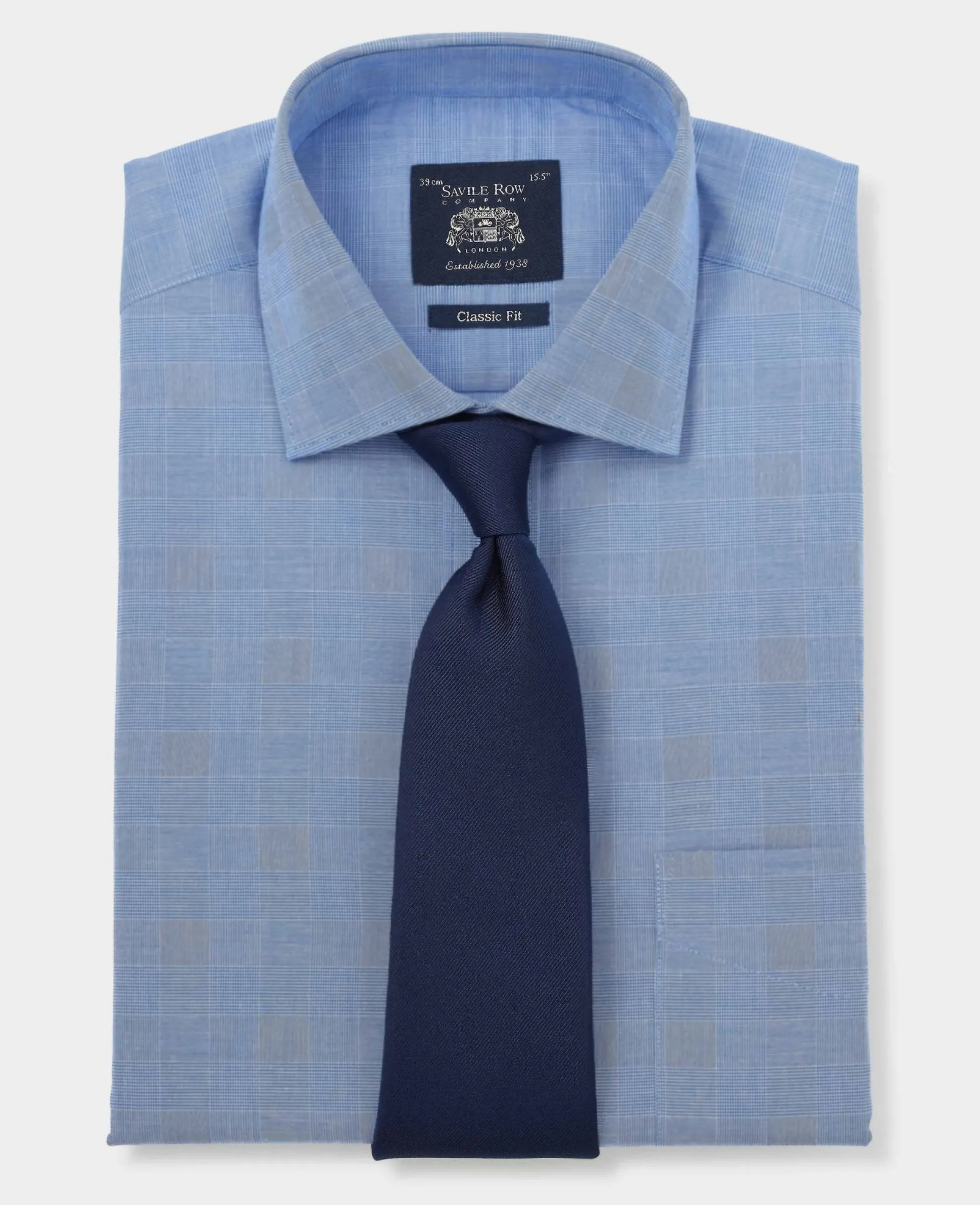 Navy Cotton Prince of Wales Check Classic Fit Formal Shirt - Single Cuff