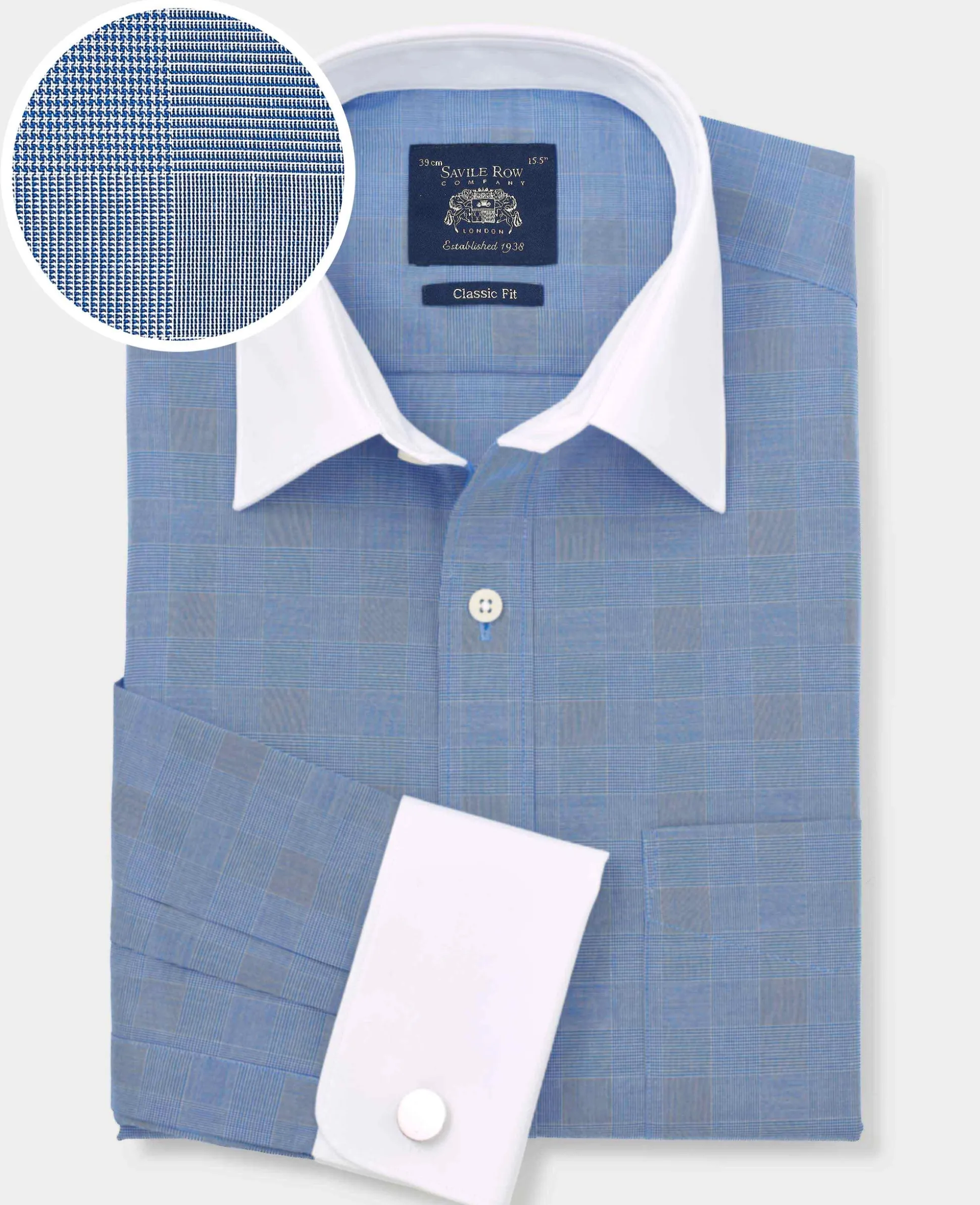 Navy Cotton Prince of Wales Check Classic Fit Winchester Formal Shirt - Double Cuff