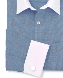 Navy Cotton Prince of Wales Check Classic Fit Winchester Formal Shirt - Double Cuff