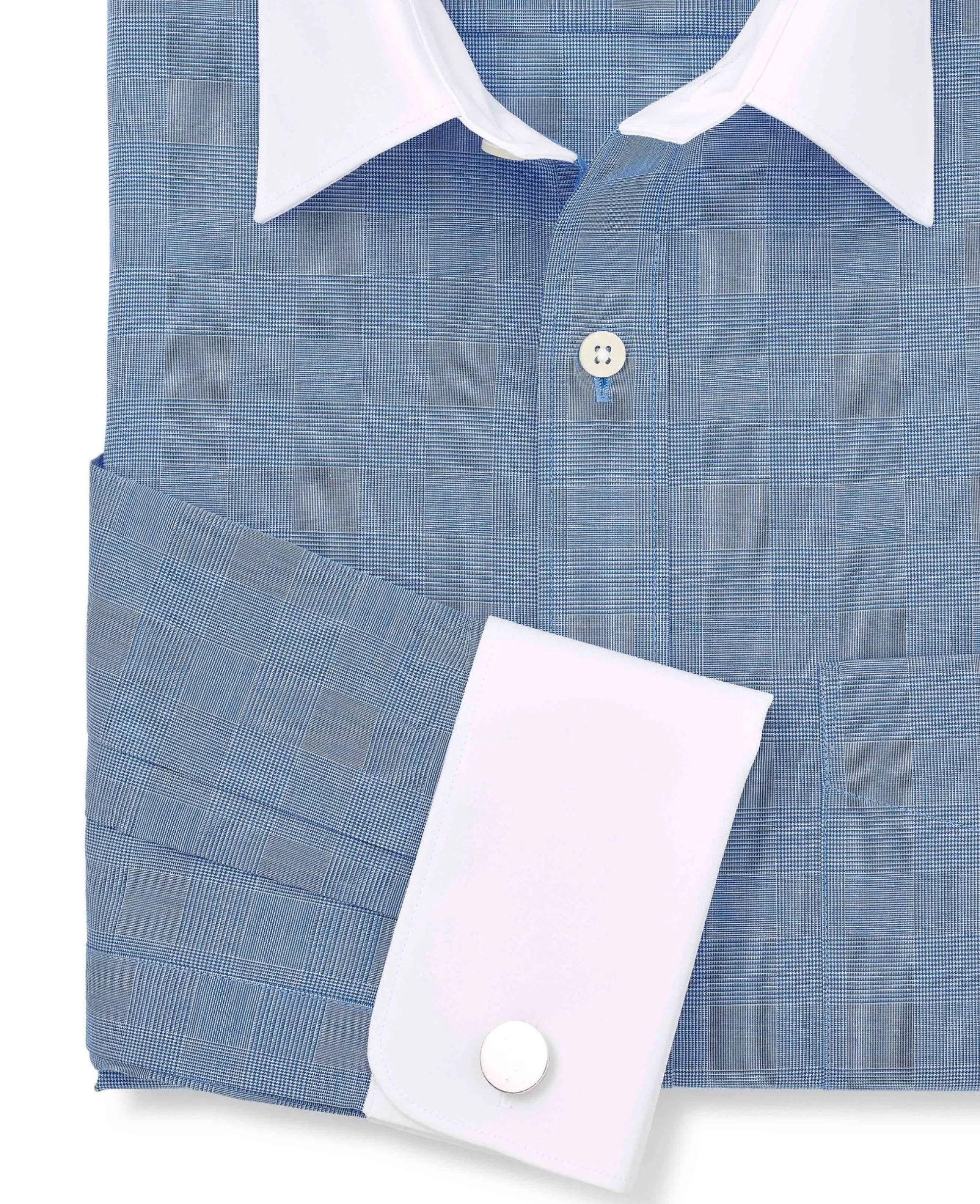 Navy Cotton Prince of Wales Check Classic Fit Winchester Formal Shirt - Double Cuff