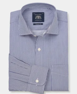 Navy Cotton Twill Classic Fit Striped Formal Shirt - Single Cuff