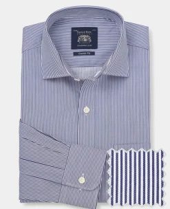 Navy Cotton Twill Classic Fit Striped Formal Shirt - Single Cuff