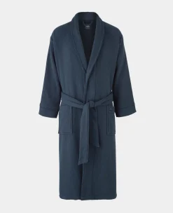 Navy Cotton Waffle Dressing Gown With Terry Cotton Lining