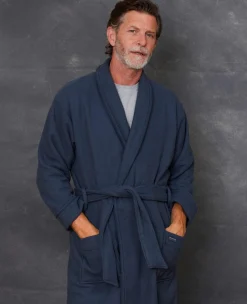Navy Cotton Waffle Dressing Gown With Terry Cotton Lining