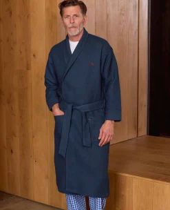 Navy Cotton Waffle Dressing Gown With Terry Cotton Lining