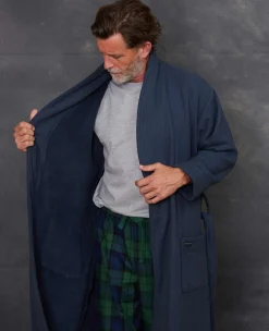 Navy Cotton Waffle Dressing Gown With Terry Cotton Lining