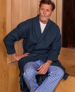 Navy Cotton Waffle Dressing Gown With Terry Cotton Lining