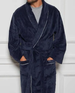 Navy Fleece Dressing Gown With Piping