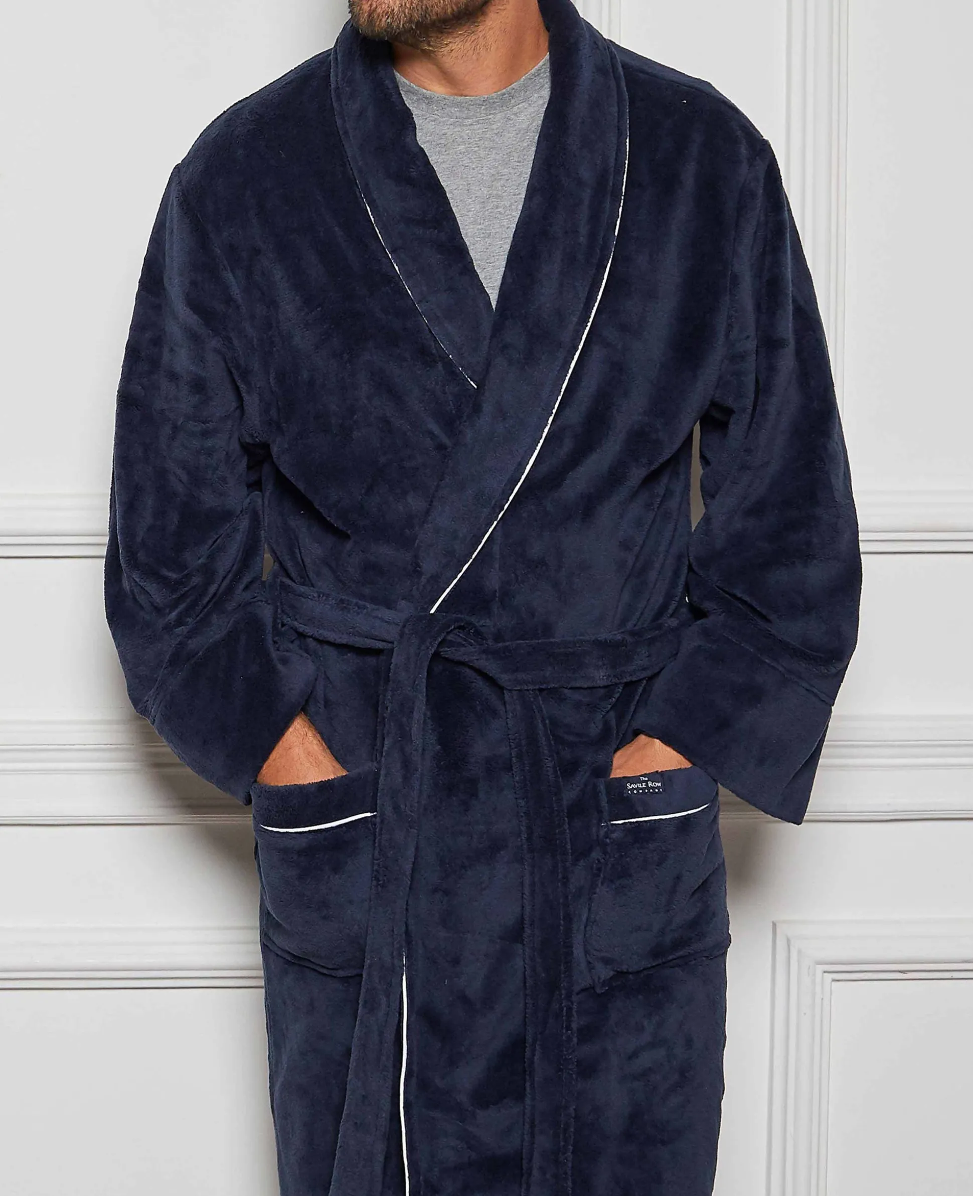 Navy Fleece Dressing Gown With Piping
