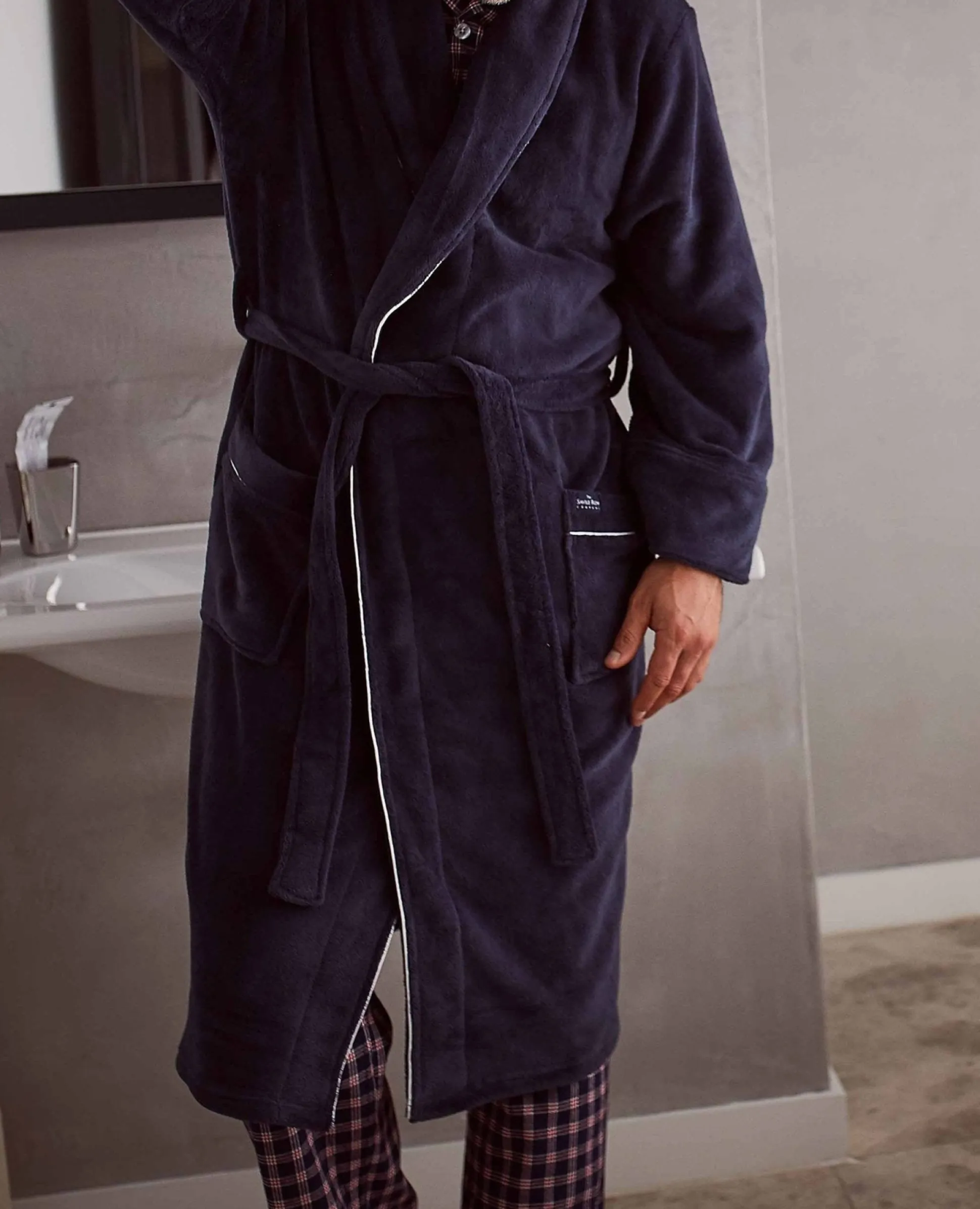 Navy Fleece Dressing Gown With Piping