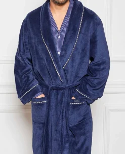 Navy Fleece Rope Edge Dressing Gown