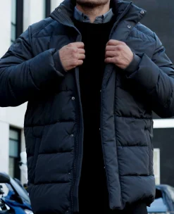 Navy Hooded Puffer Jacket with Rib Knit Storm Cuffs