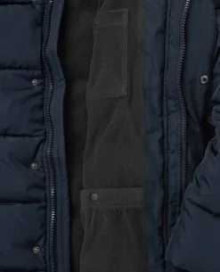Navy Hooded Puffer Jacket with Rib Knit Storm Cuffs