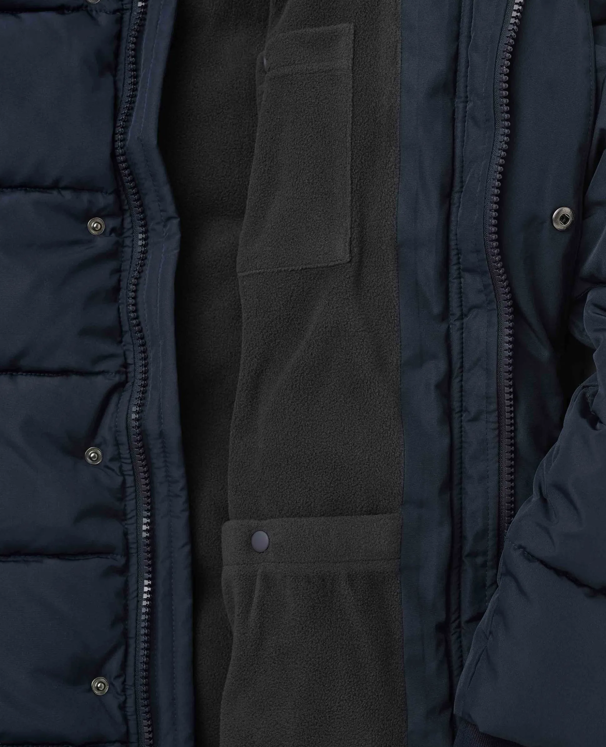 Navy Hooded Puffer Jacket with Rib Knit Storm Cuffs