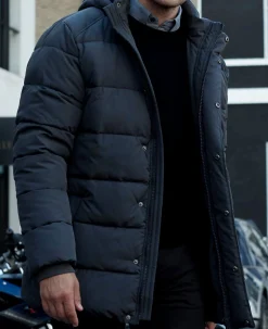 Navy Hooded Puffer Jacket with Rib Knit Storm Cuffs
