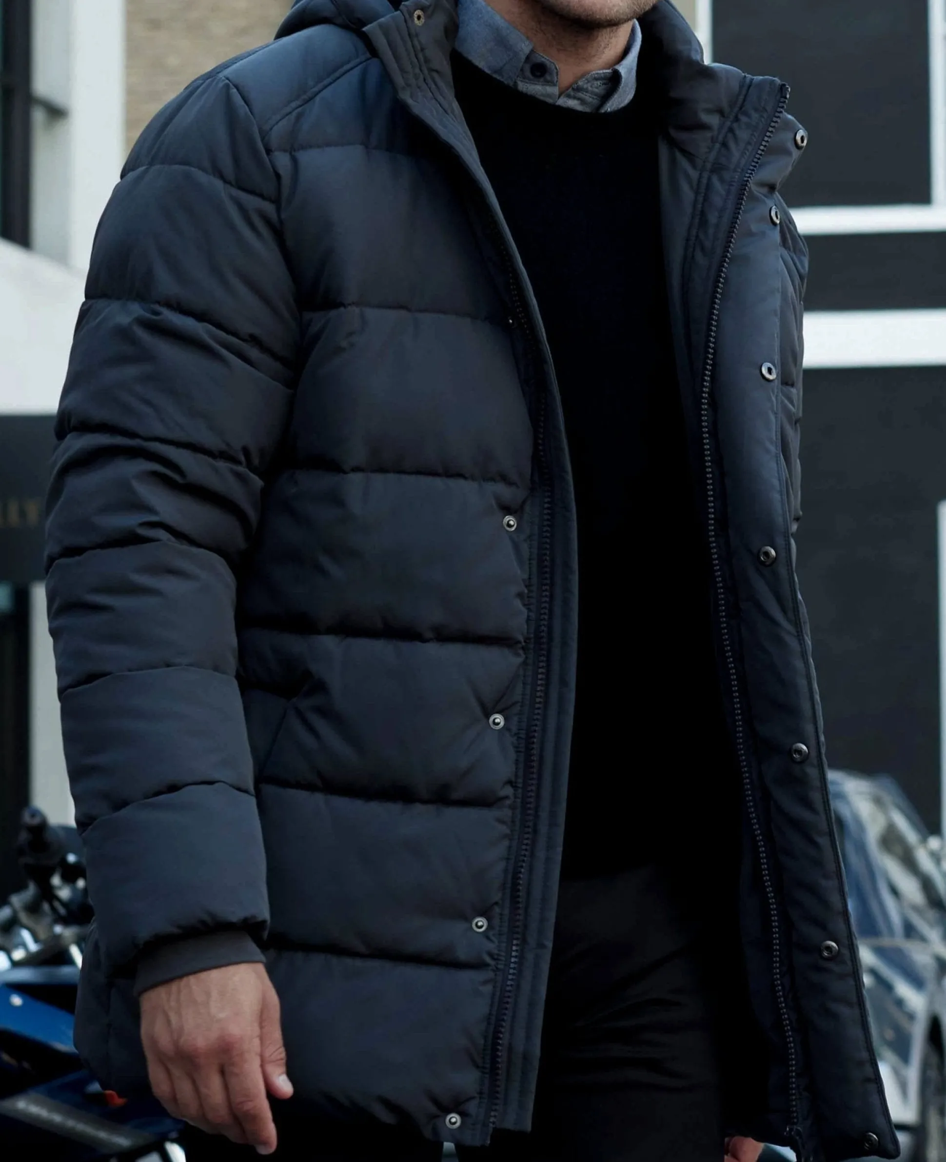 Navy Hooded Puffer Jacket with Rib Knit Storm Cuffs
