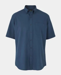 Navy Linen Cotton Classic Fit Button-Down Short Sleeve Casual Shirt