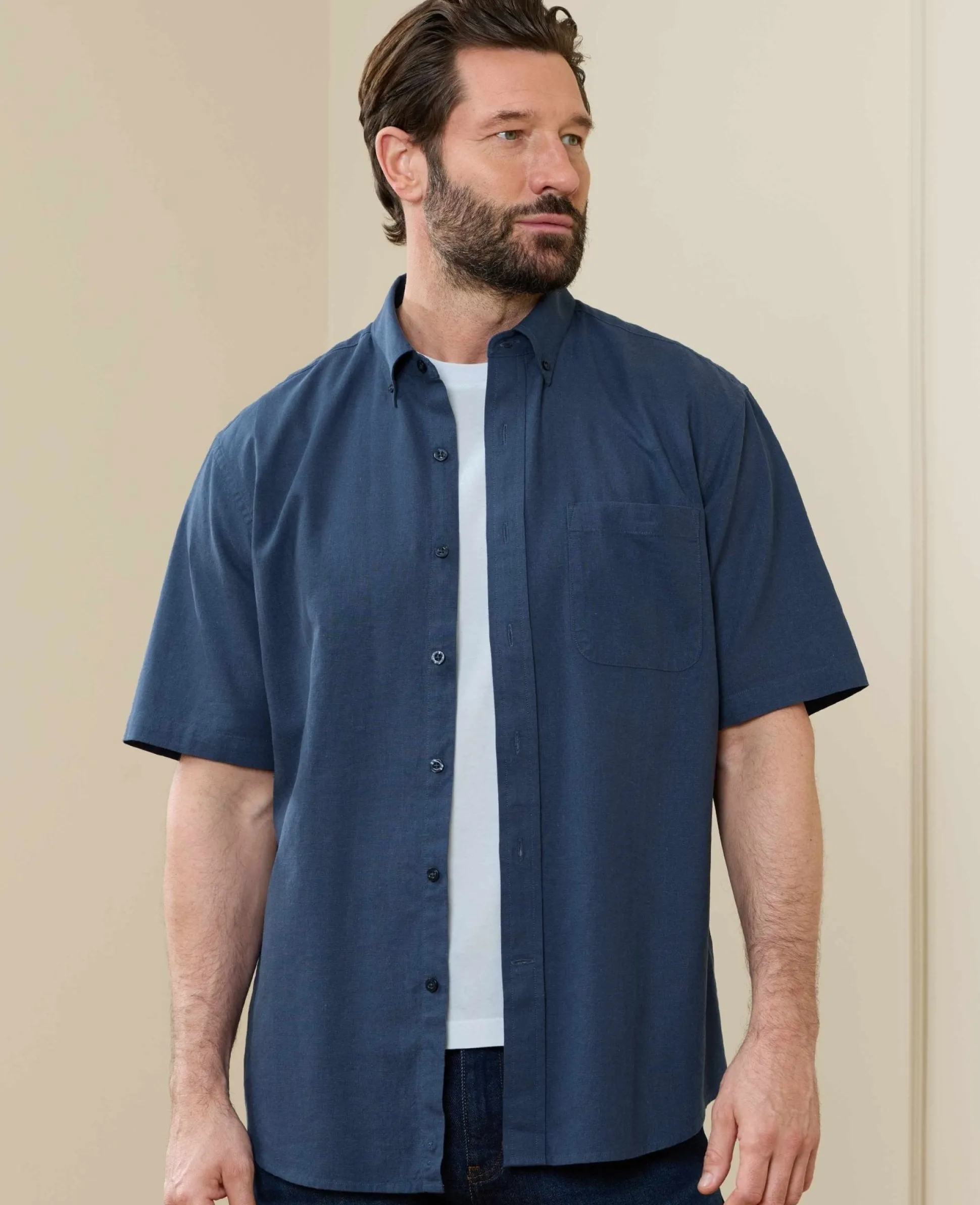 Navy Linen Cotton Classic Fit Button-Down Short Sleeve Casual Shirt