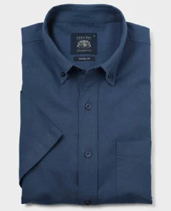 Navy Linen Cotton Classic Fit Button-Down Short Sleeve Casual Shirt