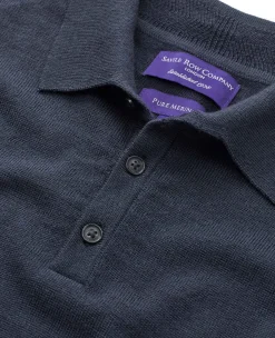 Navy Merino Wool Knitted Polo Shirt
