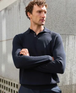 Navy Merino Wool Knitted Polo Shirt